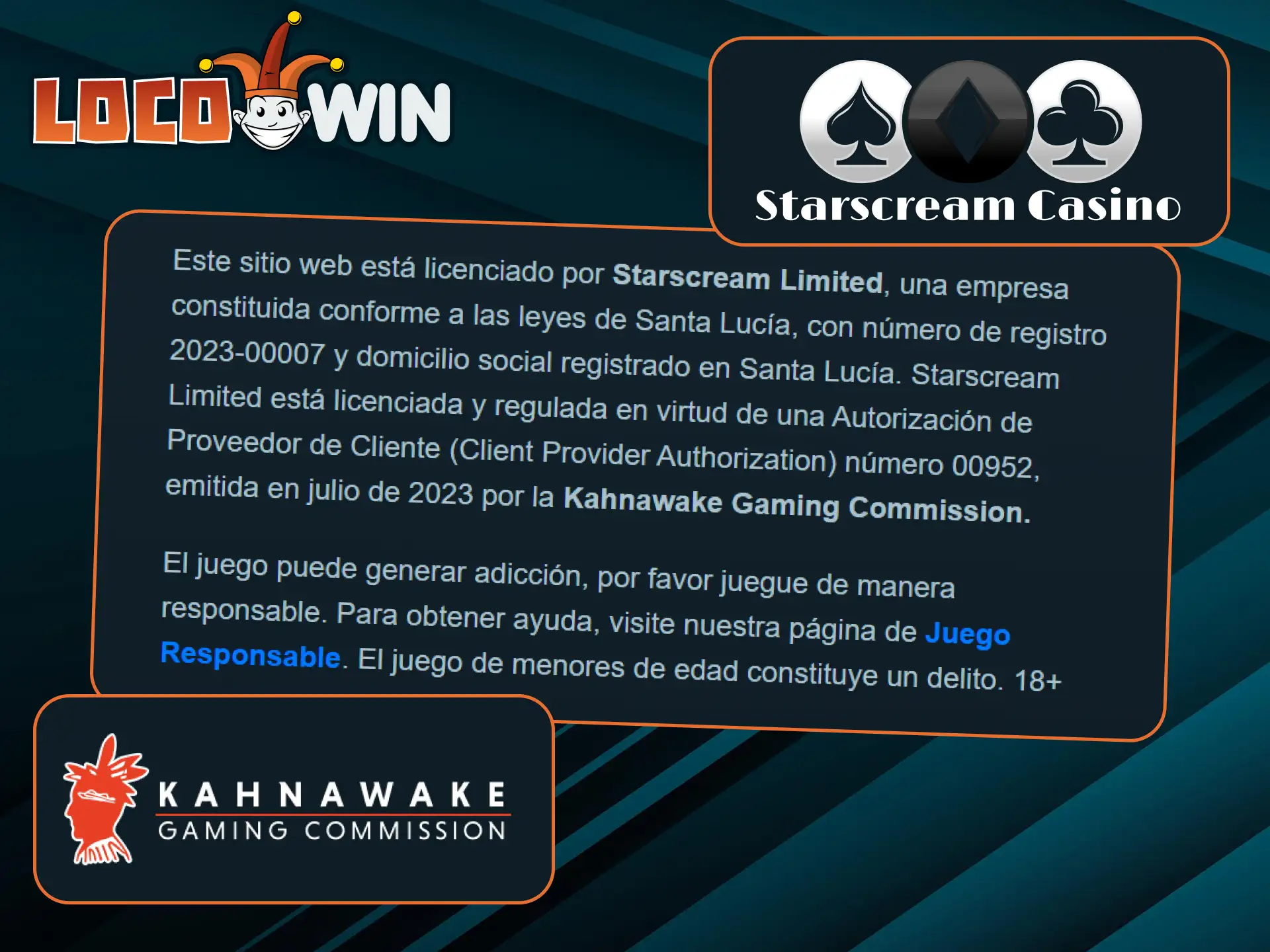 LocoWin es operado bajo licencia de la Comisión de Juegos de Kahnawake por Starscream Limited.